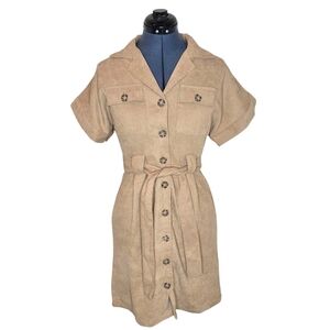 King's Road Tan Short Sleeve Tan Corduroy Button Front Shirtdress Small